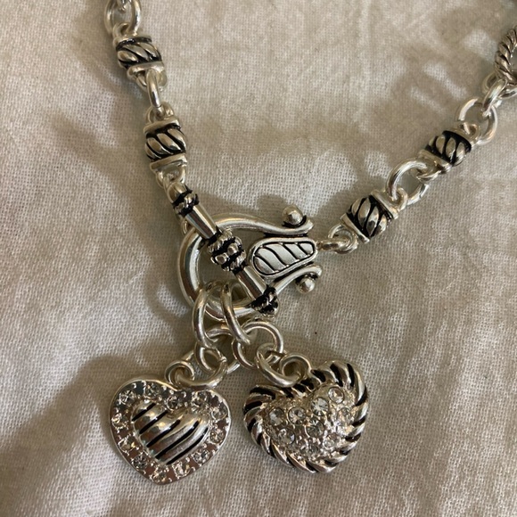 Premier Designs Jewelry - Premier Designs Ornate Necklace‎ with Dangling Heart Charms Front Toggle